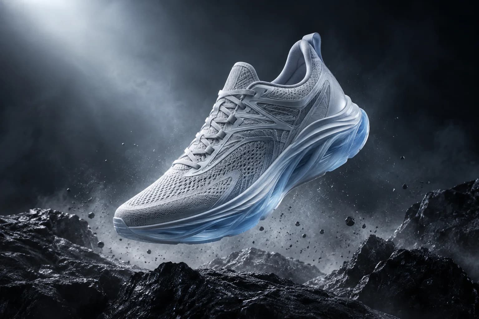 Silver running shoe suspended above dark volcanic rock