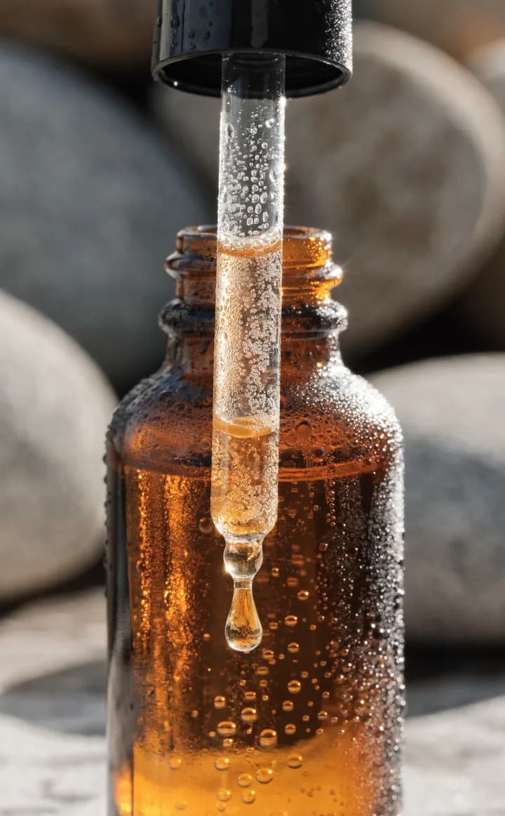 Amber serum bottle surrounded by splashing water