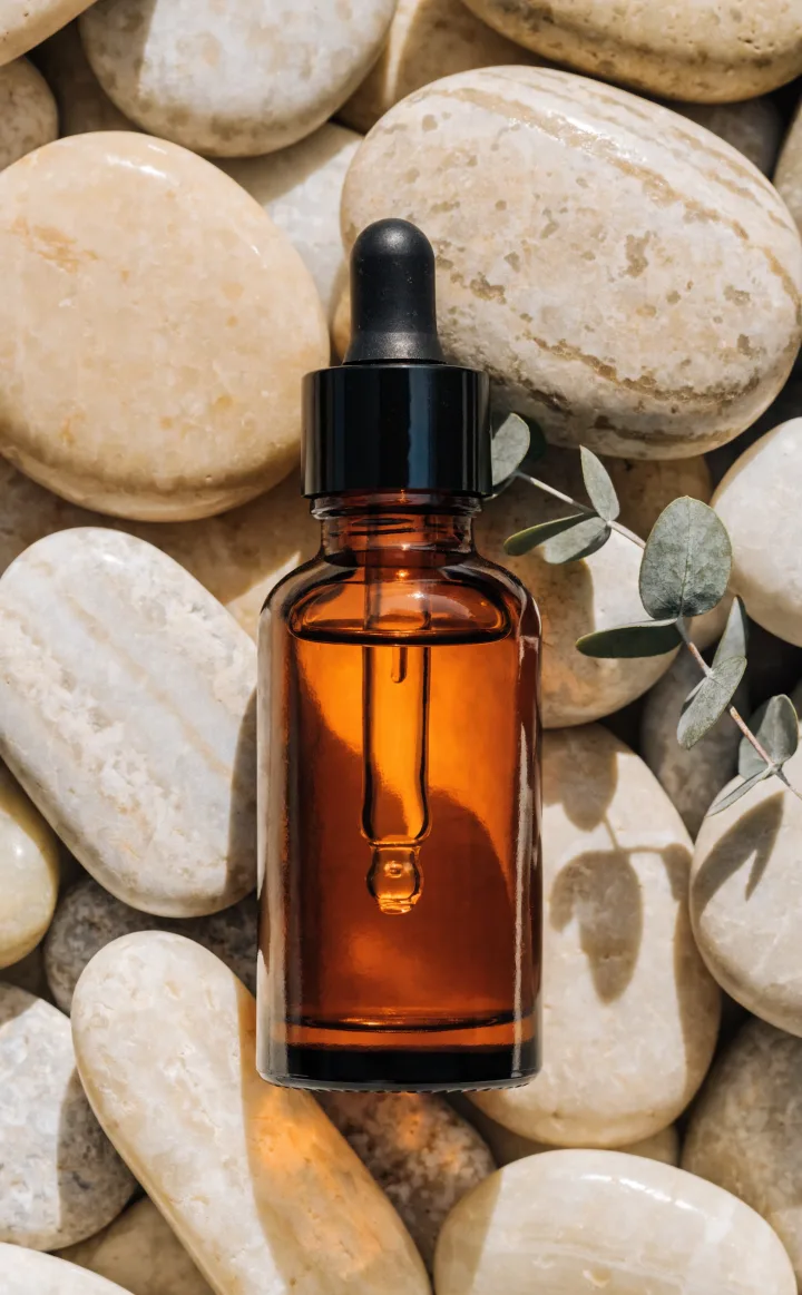 Amber serum bottle among smooth stones and eucalyptus leaves
