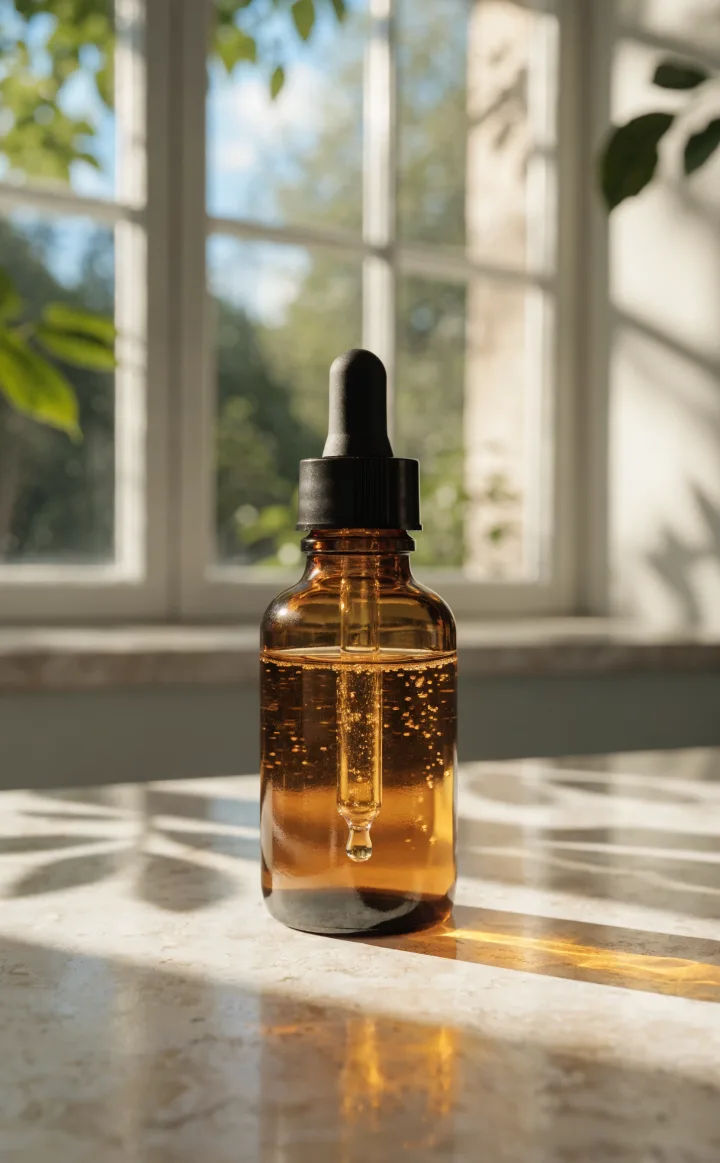 Amber serum bottle on a sunlit windowsill